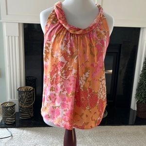 Talbots sleeveless top. Size 2p. Rolled scoop neckline. White orange pink tan.